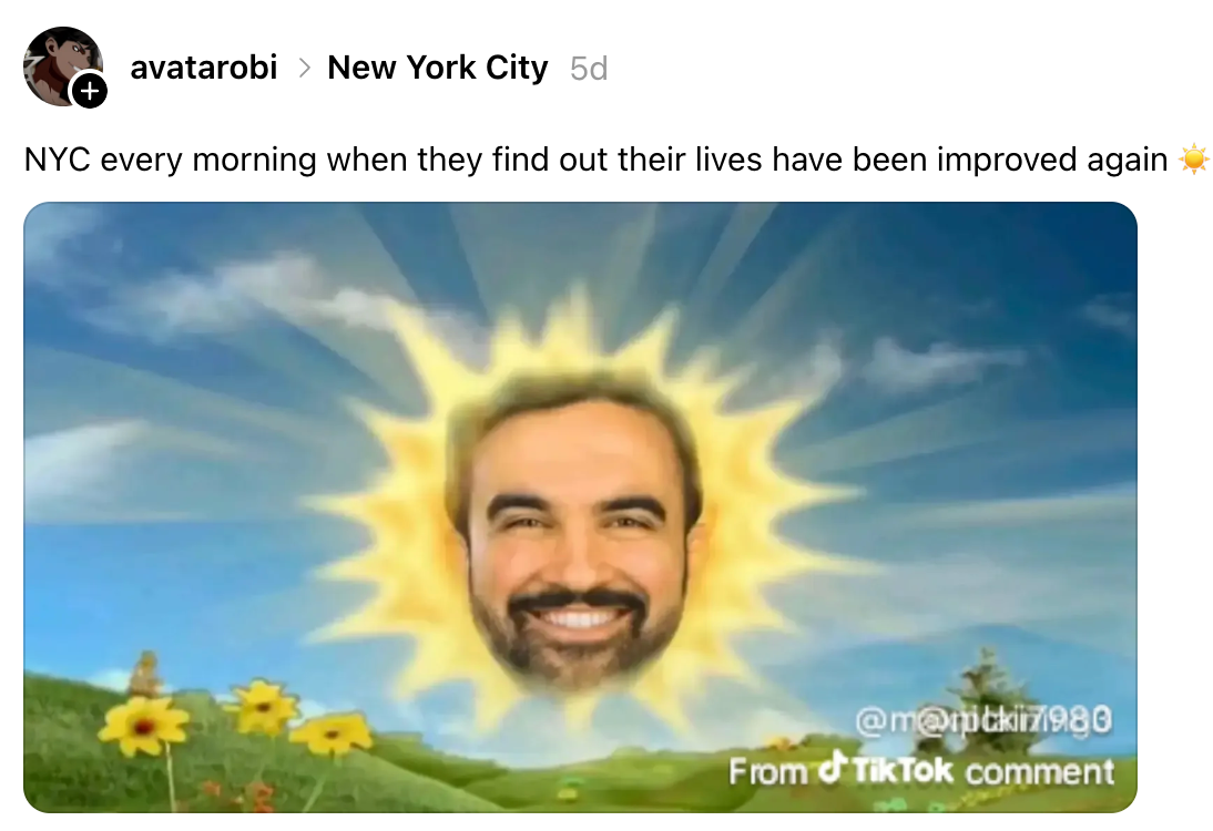 Et smilende ansikt dukker opp på en sol i en tegneserieeng, med tekst om forbedrede liv i New York City