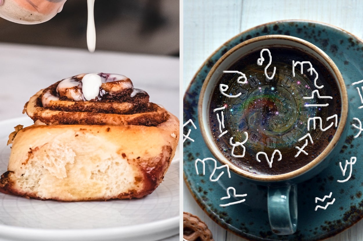 A cinnamon roll being drizzled with icing next to a cup of coffee with intricate latte art and mysterious symbols floating above
