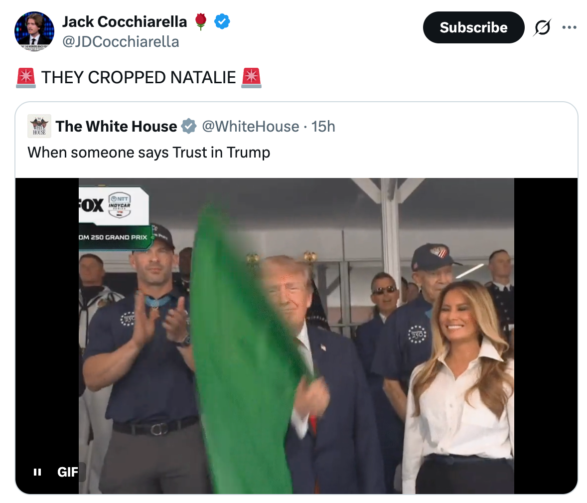 Tweet av Jack Cocchiarella som viser en GIF av Donald Trump og Melania Trump med teksten