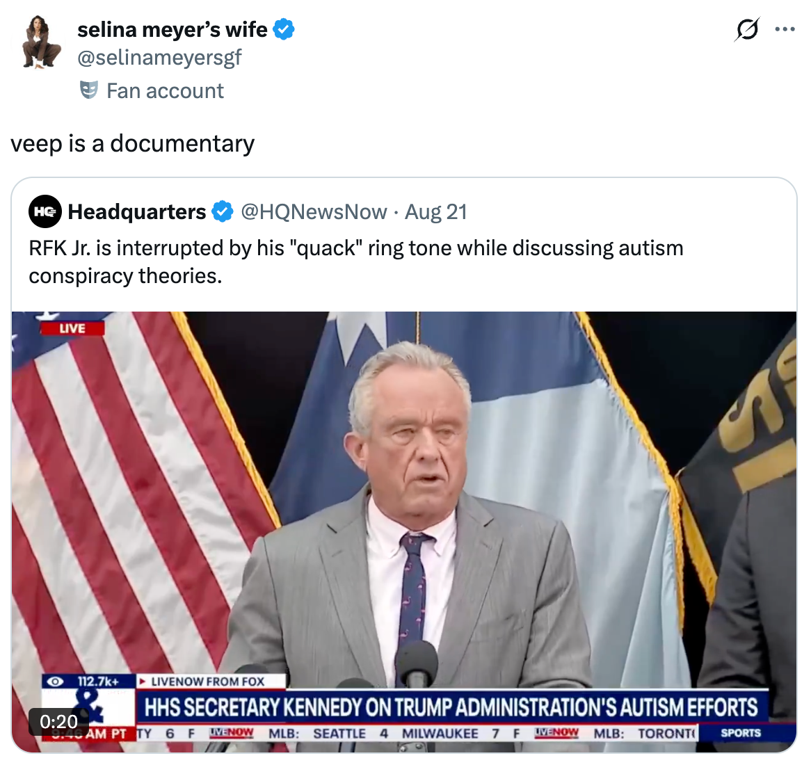Skjermbilde av en tweet om at RFK Jr. har en and-ringetone som avbryter en tale om autisme-konspirasjonsteorier