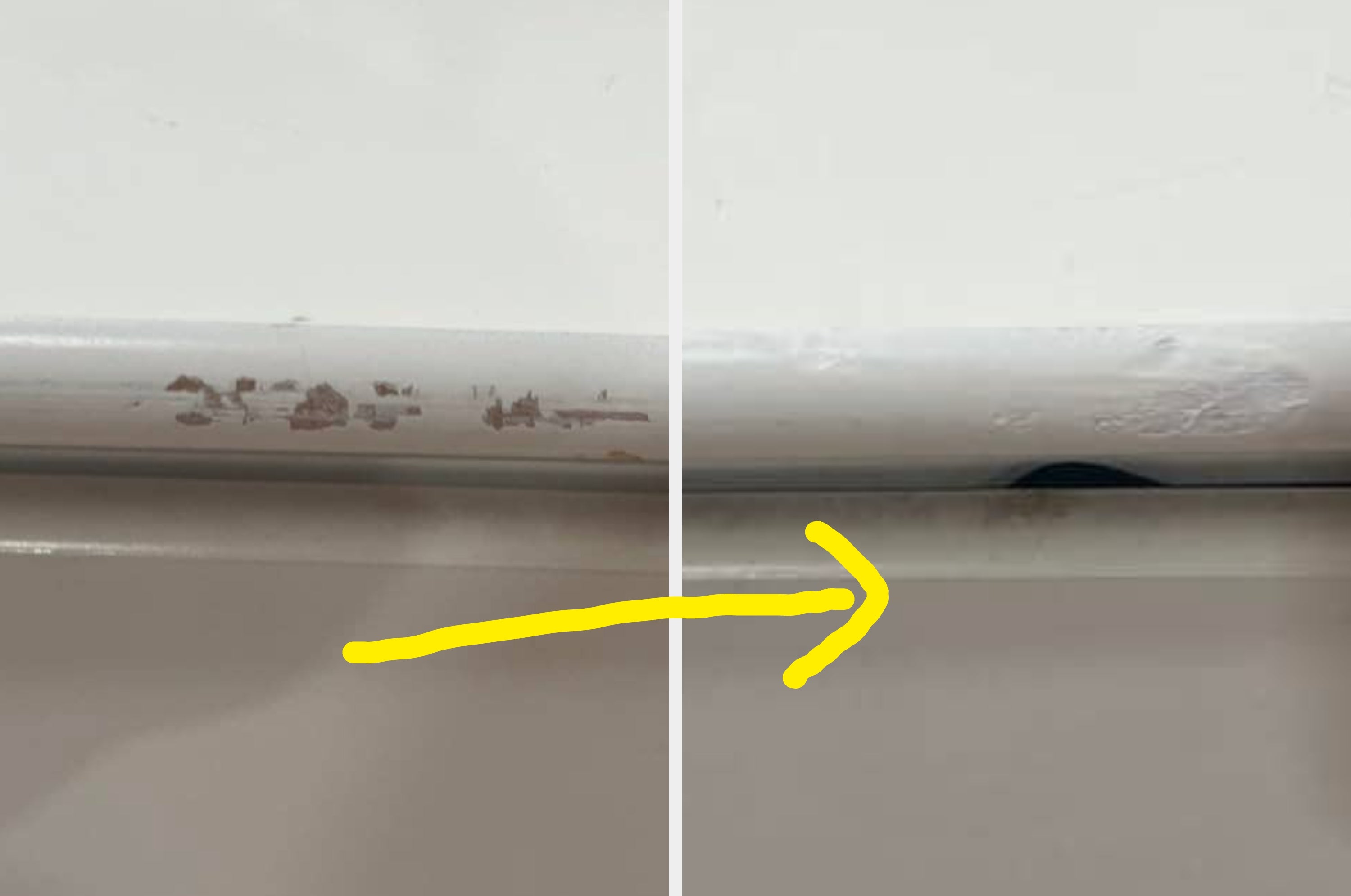 Close-up comparison of a worn surface with scratches and a smooth, repaired surface, highlighted by a yellow arrow pointing right