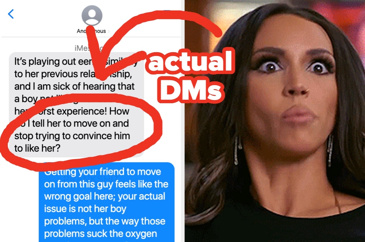 Split image: Left shows a text critic of relationship advice; right shows a surprised person with dramatic makeup and long hair