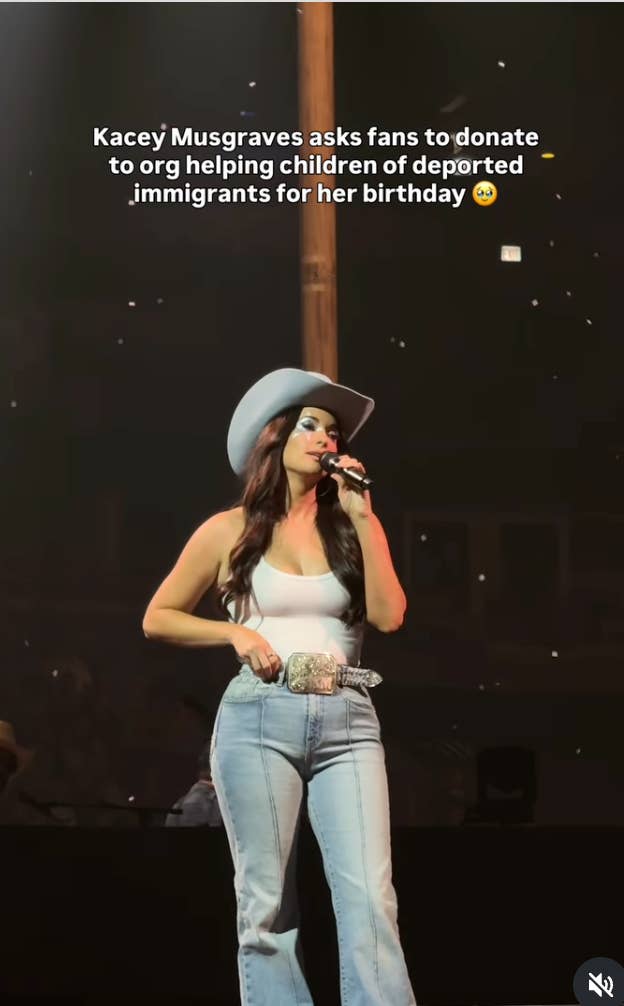 Singer in a cowboy hat on stage with text: "Kacey Musgraves asks fans to donate to org helping children of deported immigrants for her birthday."