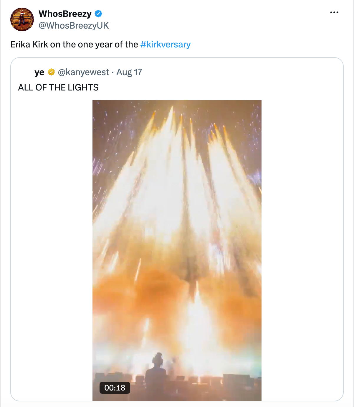 Skjermbilde av en tweet fra Kanye West som nevner «ALL OF THE LIGHT»," med et bilde som viser et lyst fyrverkeri