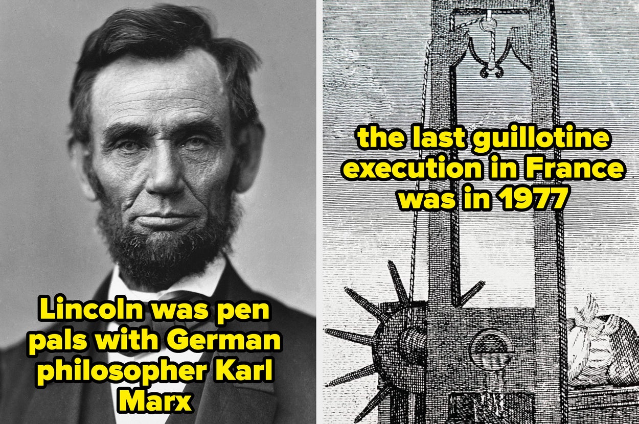 Left: black and white portrait of Abraham Lincoln; Right: image of a guillotine