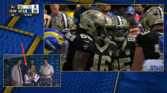 Football game on TV, Saints vs. Rams, score 0-20. Inset shows Saints coaches discussing play with tablets and papers
