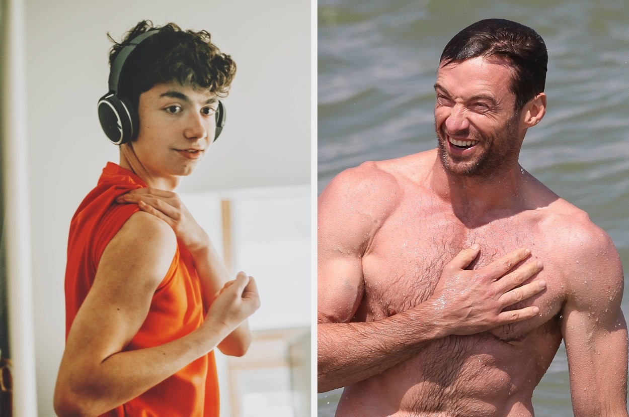 Split image: Left, a person indoors with headphones, posing energetically. Right, a person outdoors in water, smiling and holding their chest