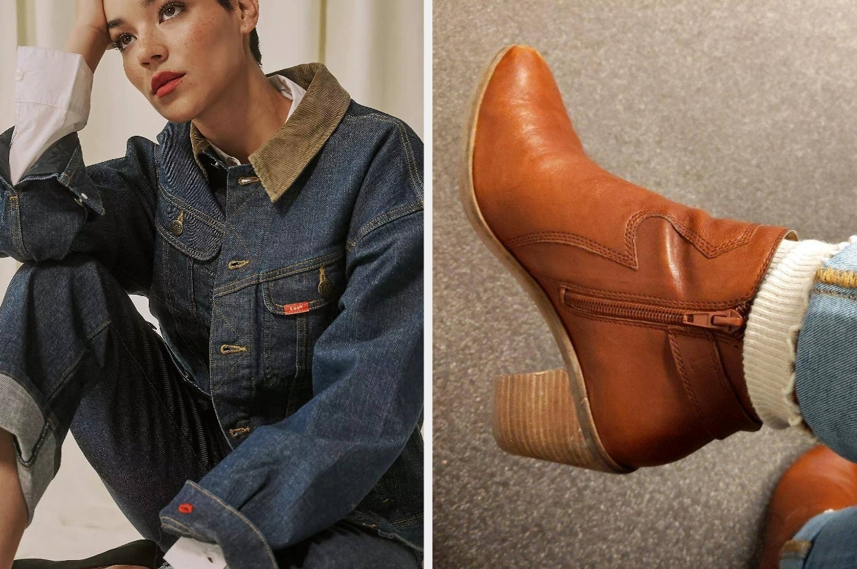 Person in denim jacket and jeans on left; brown ankle boot with wooden heel on right