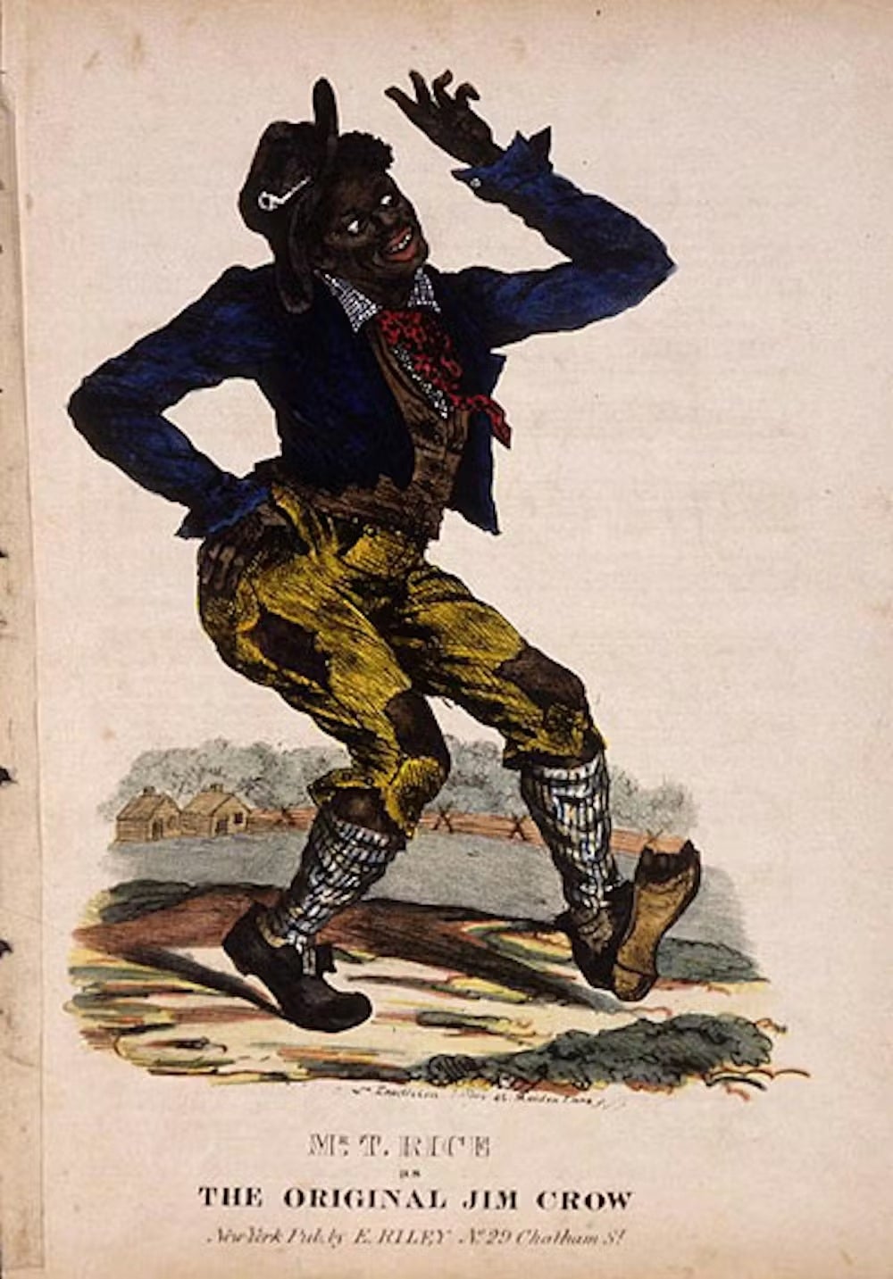 En karikatur i 1830-tallsstil av en mann som danser i overdrevet og rasistisk stereotypt antrekk, med tittelen 