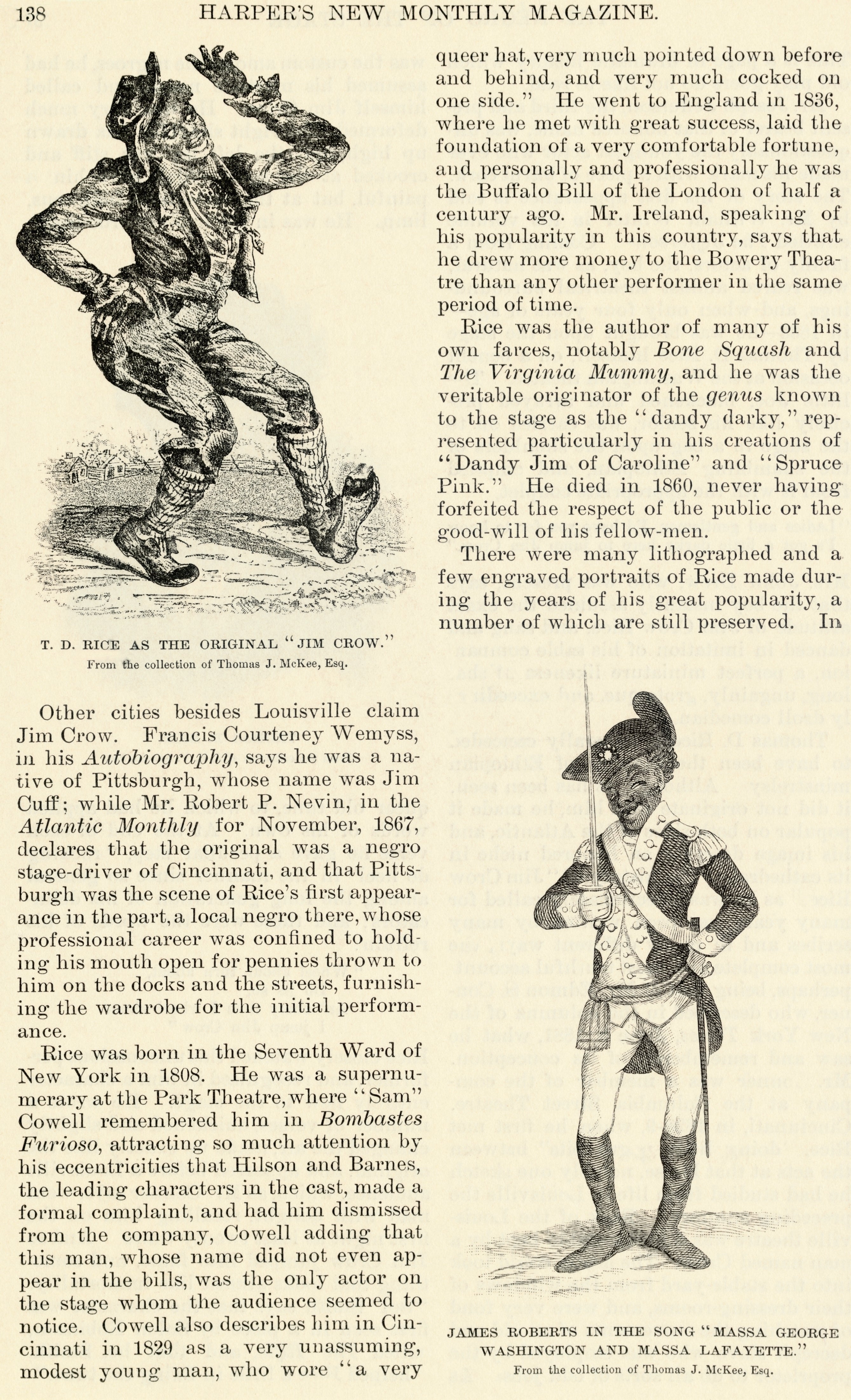 Harper's New Monthly Magazine-side med illustrasjoner og beskrivelser av "Jim Crow" og "Sancho Panza," diskutere minstrelopptredener og påvirkninger