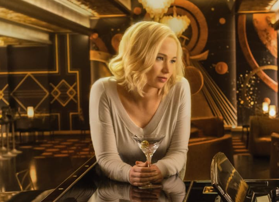 A person leans on a bar holding a martini glass, with an elegant, art deco style background