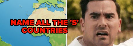 Map of Europe and Africa labeled "Name All the 'S' Countries" beside a surprised-looking man