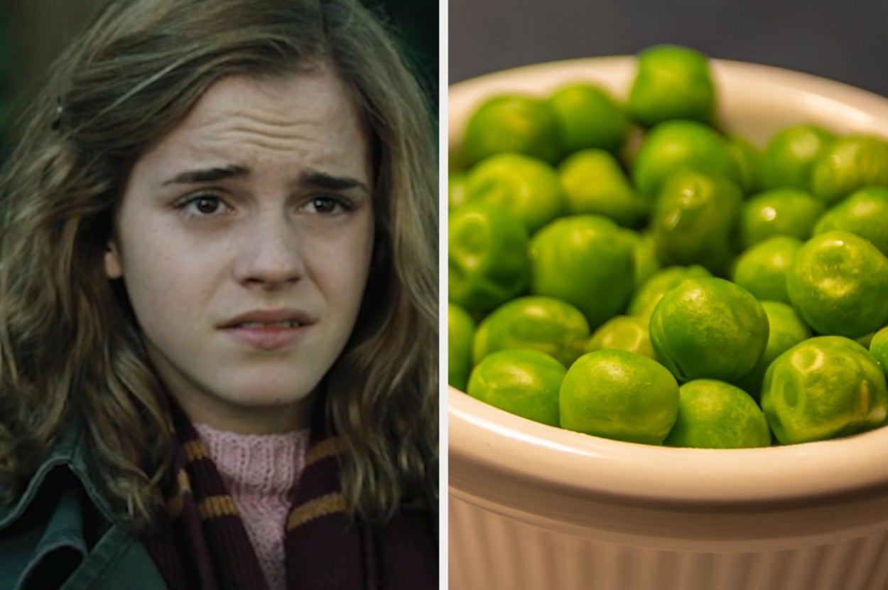 Hermione with a disgusted expression beside a dish of peas