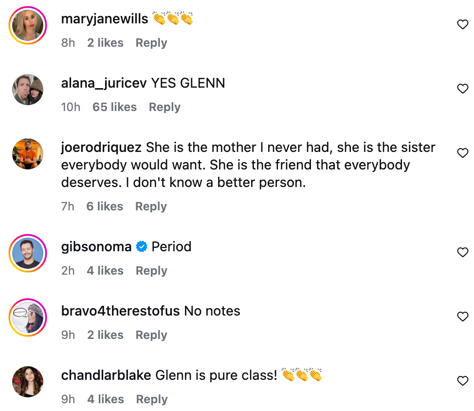 Social media comments praising someone named Glenn, highlighting their admirable qualities and class