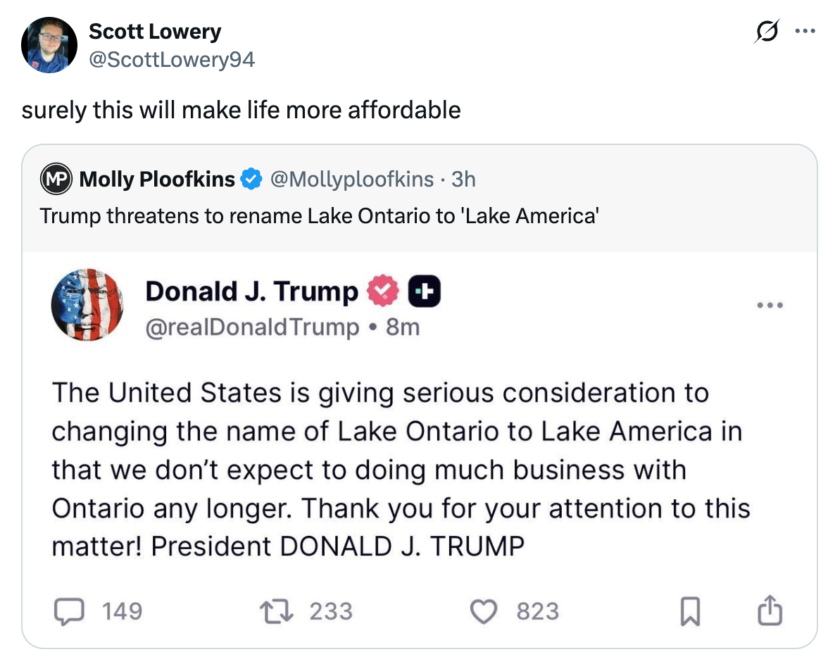 Tweet av et falskt Donald Trump-innlegg om å gi nytt navn til Lake Ontario, med en sarkastisk kommentar over en hånlig pris