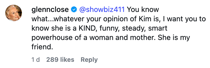 Comment from a verified Instagram account praising Kim as a kind, funny, smart woman and mother