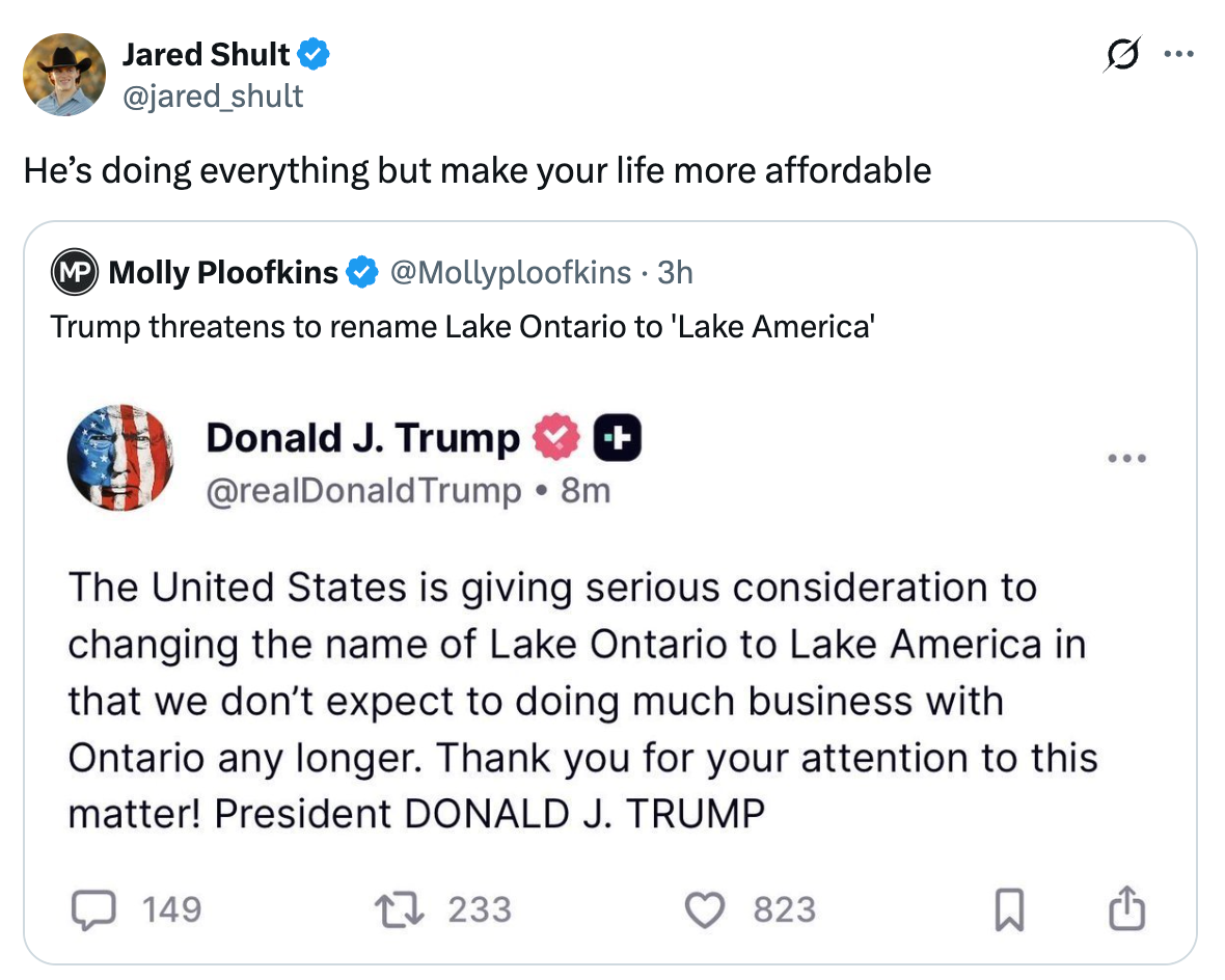 Tweet som diskuterer en påstått uttalelse fra Donald Trump om å gi nytt navn til Lake Ontario til
