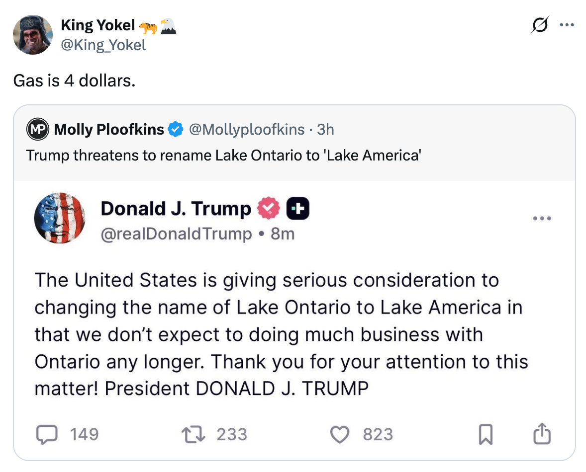 Skjermbilde av en tweet som håner en fiktiv Trump-tweet om å omdøpe Lake Ontario til Lake America, og fremhever absurditet