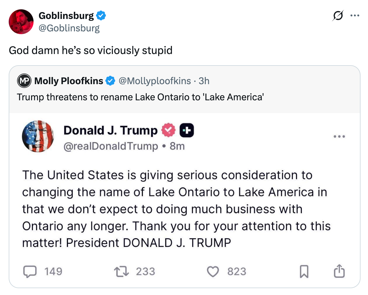 Tweet som håner en falsk tweet der en person på spøk sier at USA kan gi nytt navn til Lake Ontario til