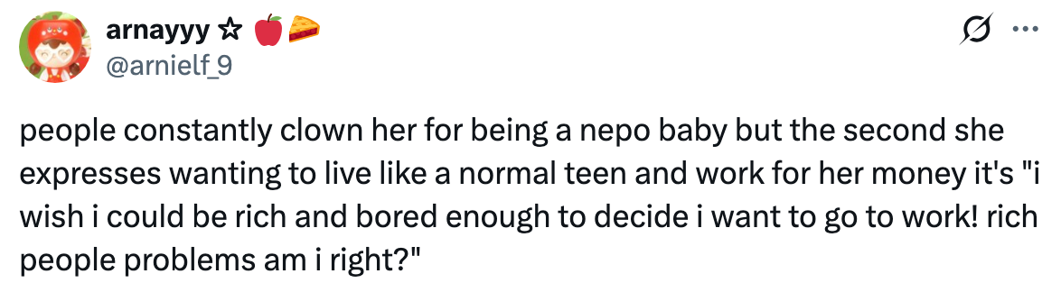Summary of text: Discusses criticism of a "nepo baby" wanting a normal job and how people react with envy and sarcasm about wealth