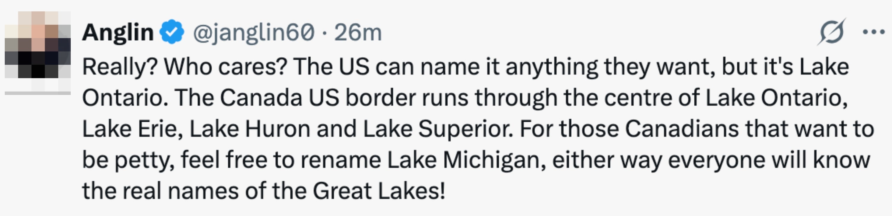 Tweet som diskuterer navn på Great Lakes, nærmere bestemt Lake Ontario, og grensen mellom USA og Canada, og foreslår humoristisk å gi nytt navn til Lake Michigan