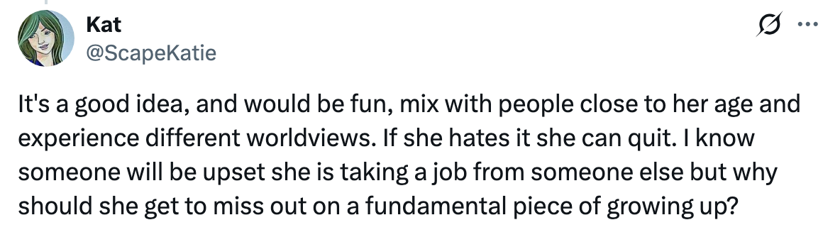 A tweet discussing the benefits of mixing with diverse worldviews and addressing concerns about job opportunities and growing up experiences