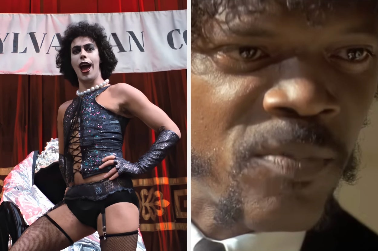Left: Person in a corset and shorts performing on stage. Right: Close-up of a person with a serious expression