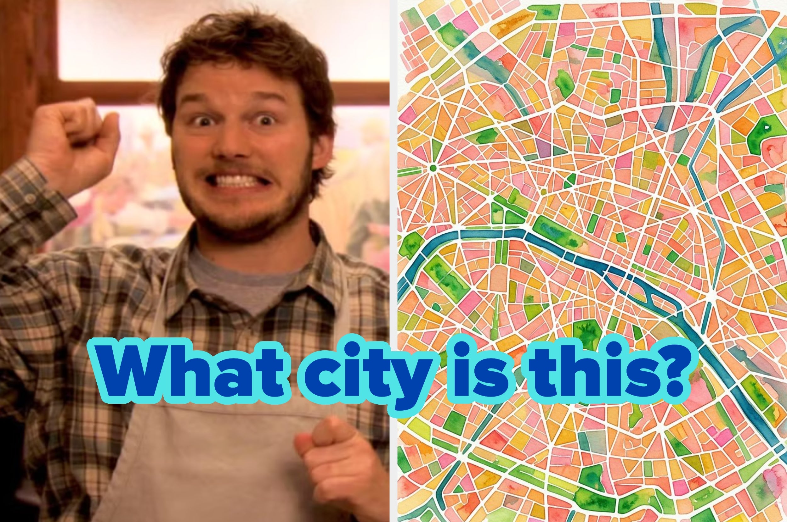 A person making a funny face beside a colorful abstract map with the text "What city is this?"