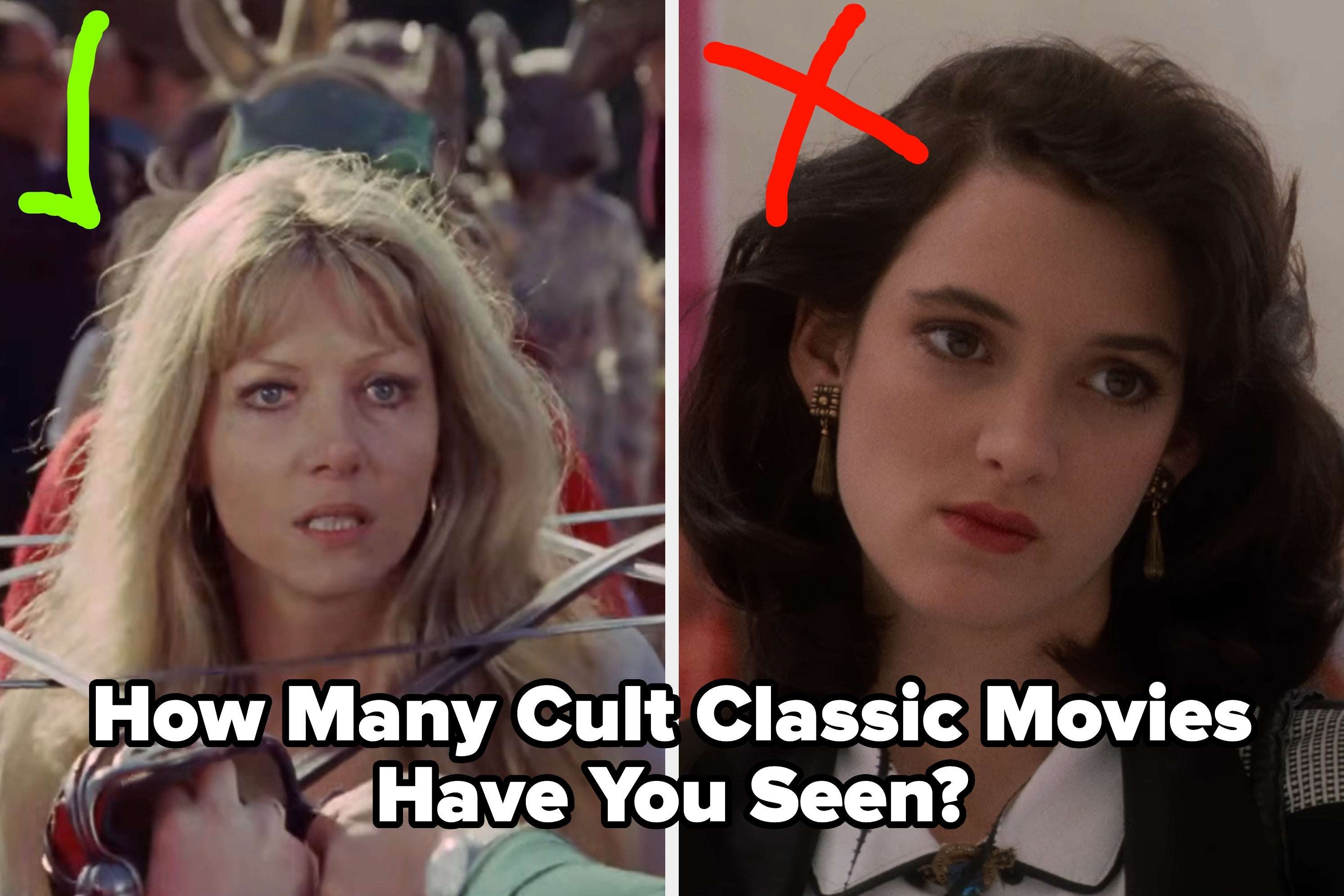 Two movie stills: left shows a tense woman facing a duel; right is a contemplative woman with dark hair, wearing formal attire