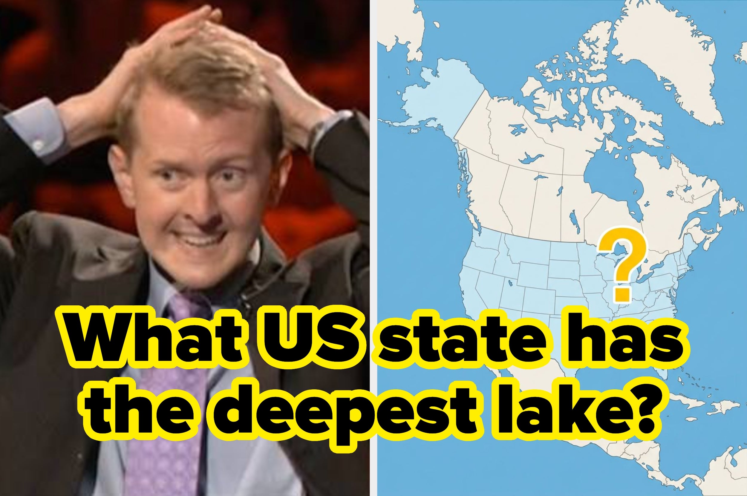 Person reacting with excitement next to a US map highlighting a trivia question: "What US state has the deepest lake?"