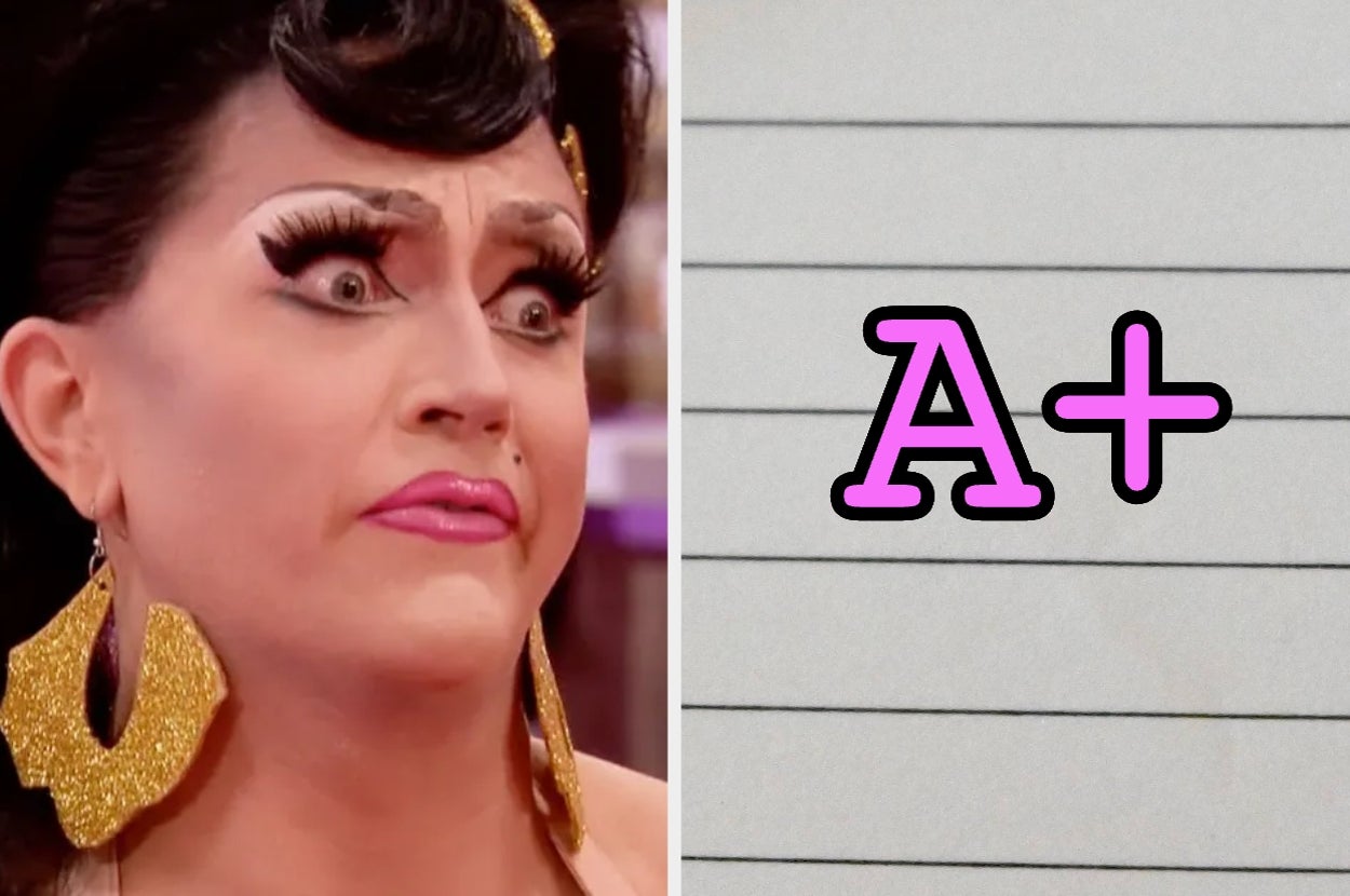 A person with dramatic makeup and large earrings looks surprised next to a lined paper with a large "A+" in pink