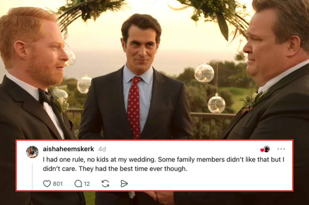 Elder woman smiling at a wedding table; two men laughing happily in suits, suggesting joy at weddings. Text discusses weddings with grandmothers and child-free themes