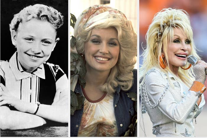 Three photos showing a person at different ages: as a child, as a young adult with curly hair, and performing in ornate stage attire