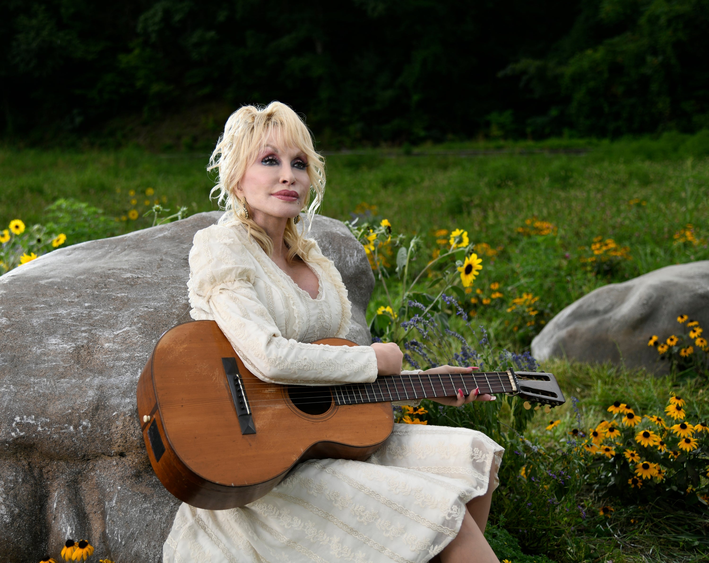 A person in a country-style dress sits on a rock in a field with a guitar, surrounded by wildflowers