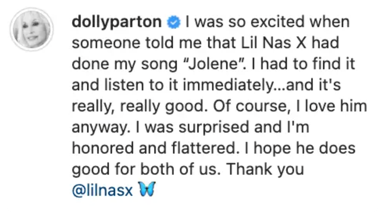 Text from Dolly Parton expressing excitement and gratitude for Lil Nas X's rendition of "Jolene," highlighting her admiration and surprise