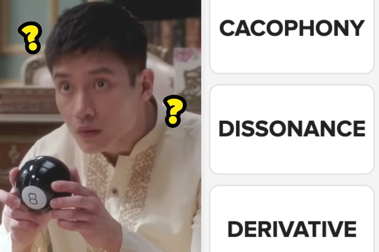 A man in a patterned shirt holds a Magic 8 Ball, looking puzzled. To the side, three large text options: Cacophony, Dissonance, Derivative