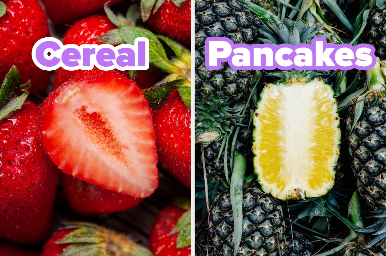Image split: Left half shows strawberries labeled "Cereal"; right half shows pineapple labeled "Pancakes." 