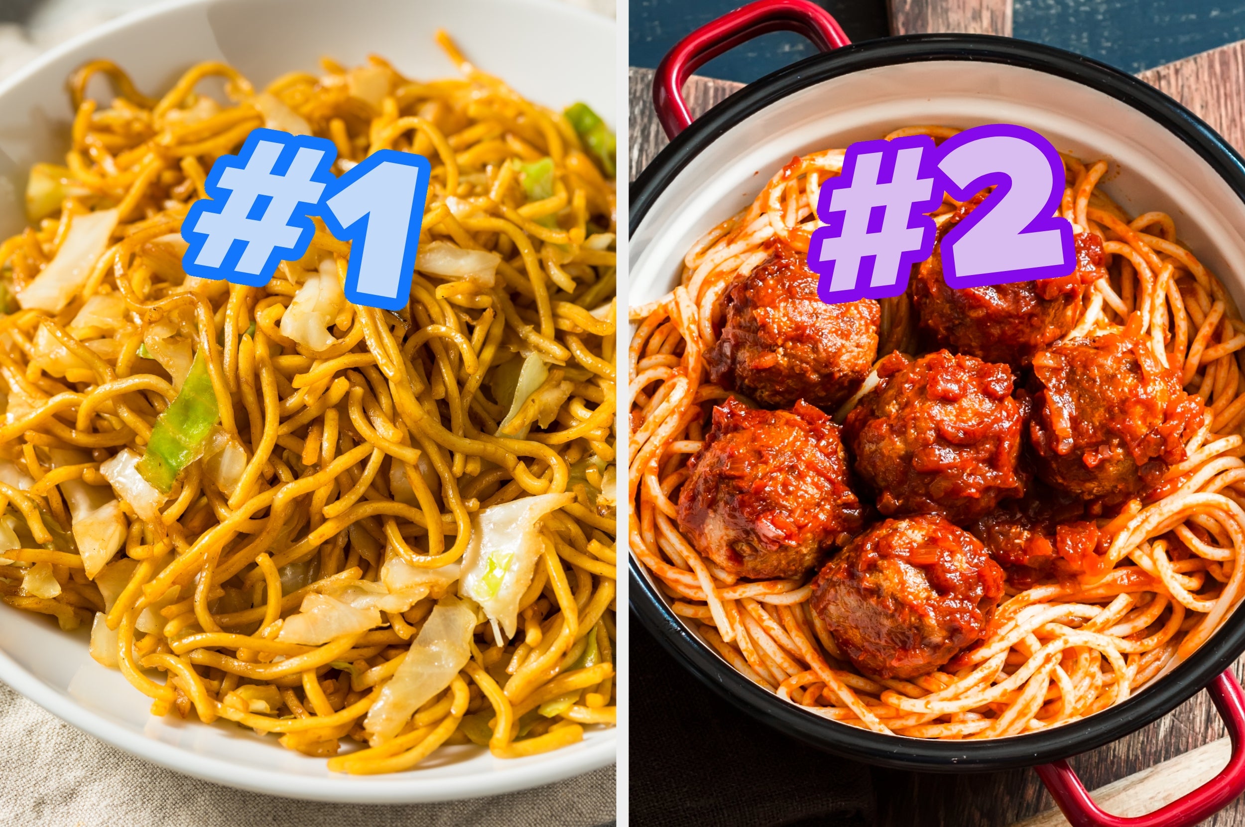 On the left, chow mein with vegetables labeled number 1, and on the right, a pot of spaghetti and meatballs labeled number 2