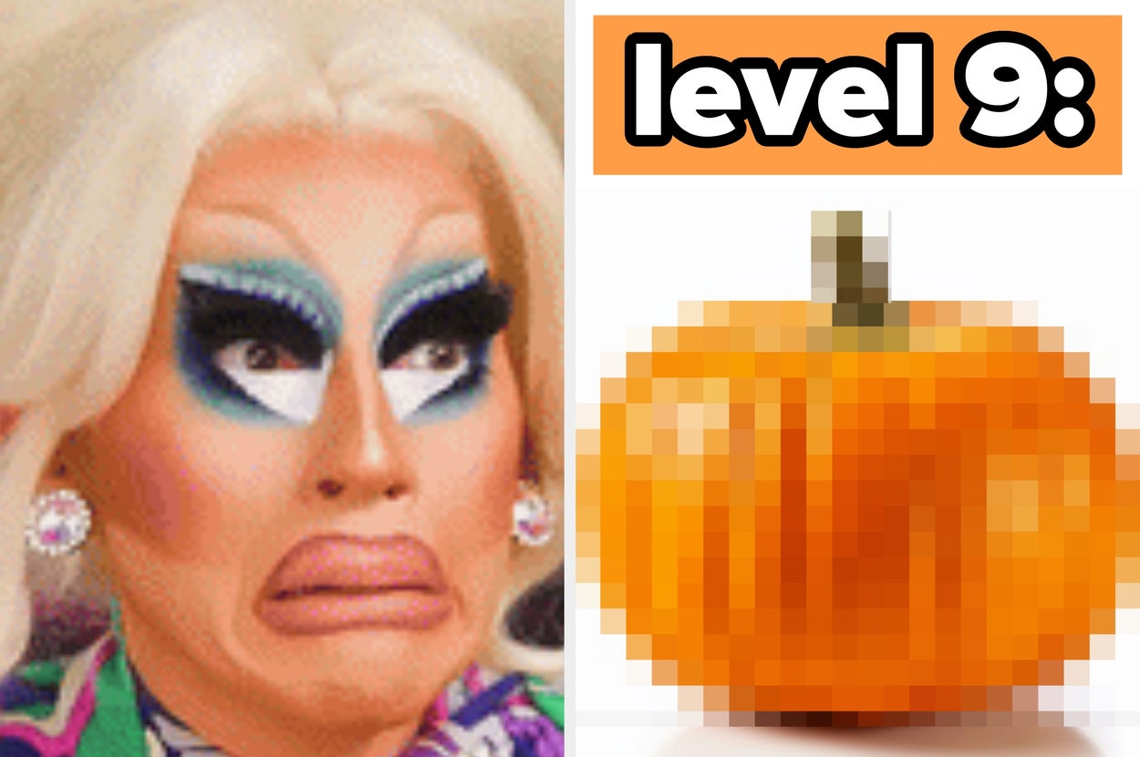 A person with dramatic makeup looks surprised, next to a pixelated image of a pumpkin