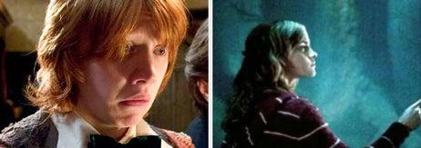 A character in a frilly formal outfit and another character looking at a glowing underwater scene, both from a fantasy movie