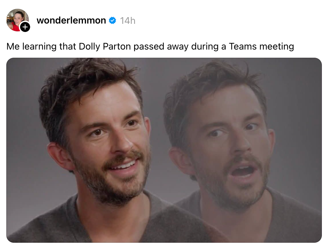 Split image of a man reacting with disbelief and shock to news about Dolly Parton during a Teams meeting