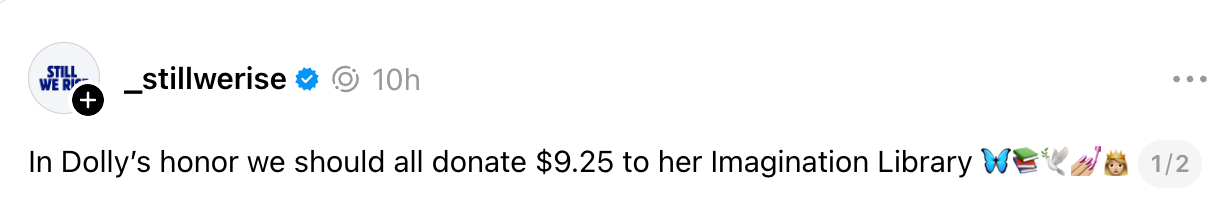In Dolly's honor, urging a $9.25 donation to her Imagination Library