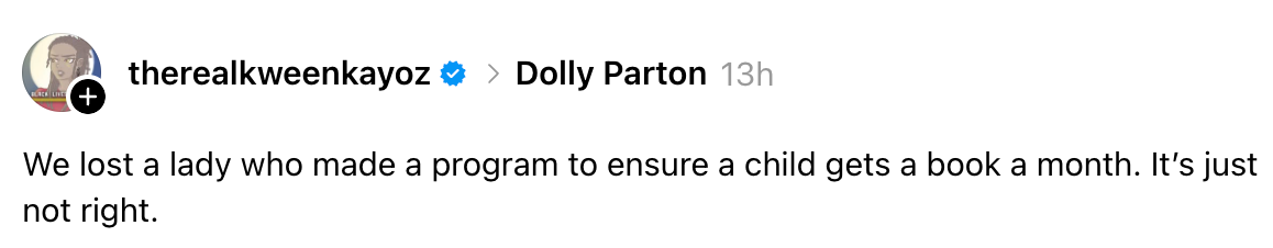 Instagram post mentioning Dolly Parton, noting the loss of a lady who started a program for children to receive a book monthly