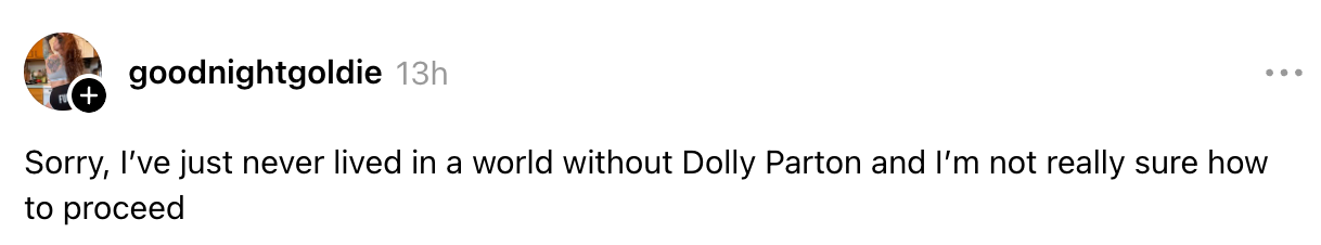 Post expressing uncertainty about living without Dolly Parton