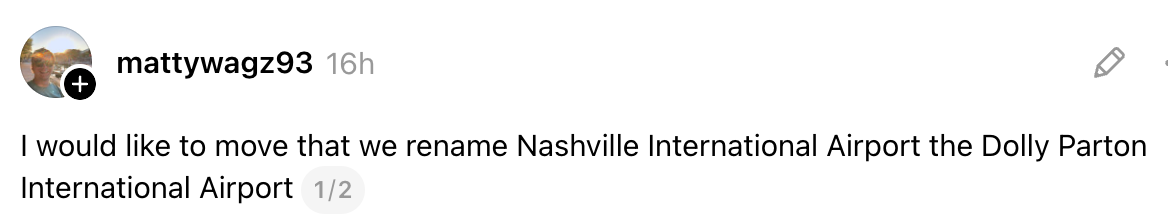 A social media post suggesting renaming Nashville International Airport to Dolly Parton International Airport