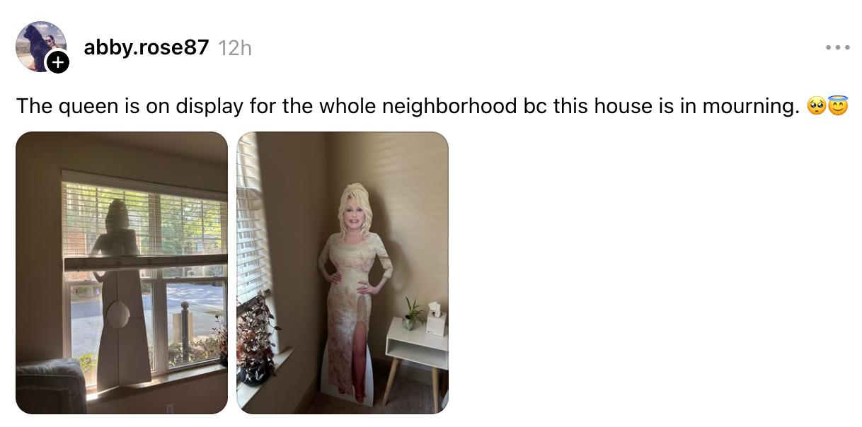 Cutout of a smiling woman in a gown displayed by a window. Caption mentions "the queen" and a house in mourning