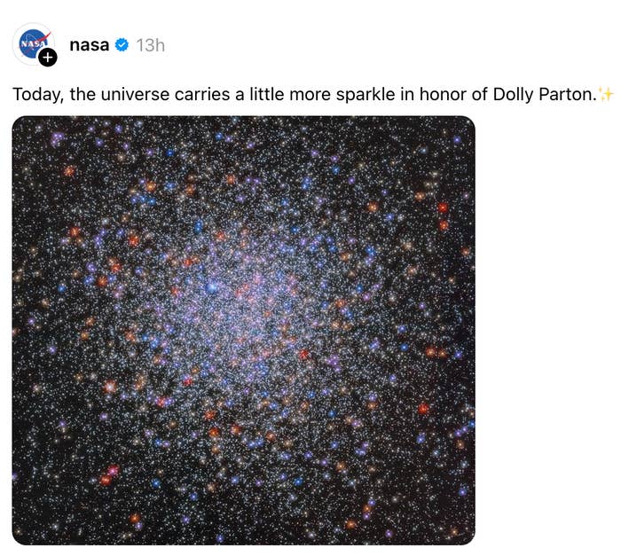 Starry sky image shared by NASA, celebrating Dolly Parton with sparkling stars. Caption mentions honoring her