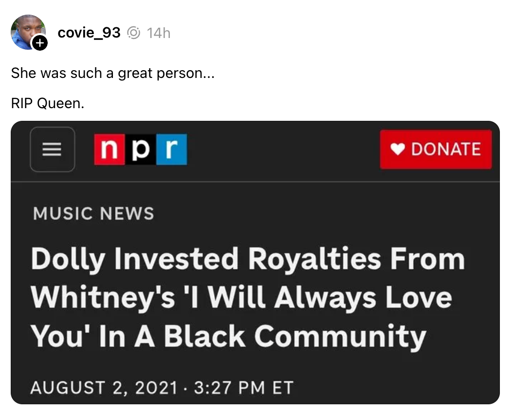 News post: Music News headline about Dolly investing royalties from Whitney's song into a Black community, dated August 2, 2021