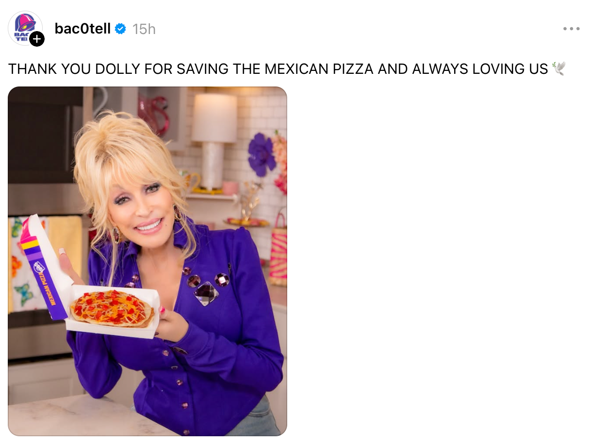A person is smiling and holding a Mexican pizza in a kitchen setting with a caption thanking Dolly for saving the Mexican pizza