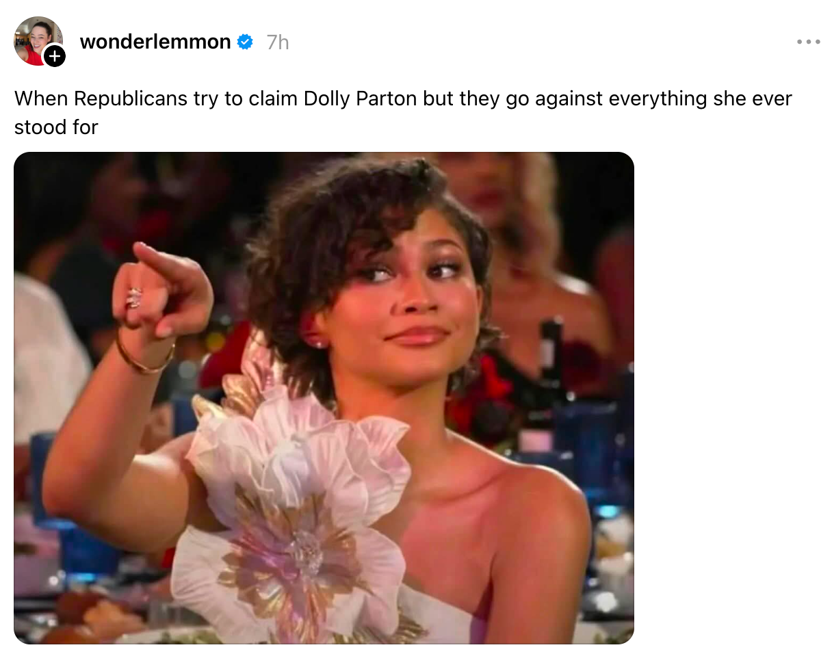 Person at an event holding a drink, with text above discussing Republicans and Dolly Parton